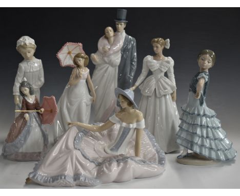 Six Lladro and Nao figures including sweethearts, girls with parasols etc