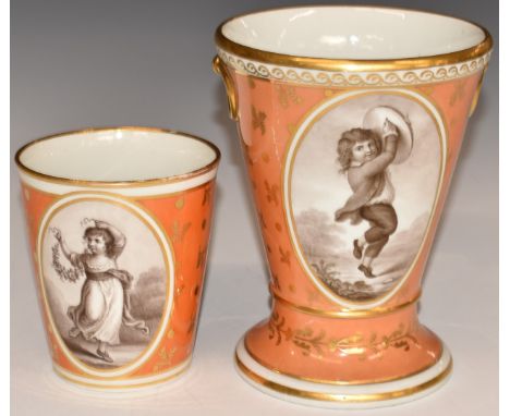 Barr, Flight and Barr Worcester pedestal vase and beaker, the vase with faux ring handles, both decorated with cartouches of 