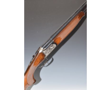 Lanber 12 bore over and under ejector shotgun with engraved scenes of birds to the locks and underside, scrolling engraving t