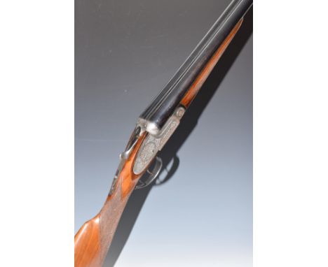 Gunmark Kestrel 12 bore sidelock side by side ejector shotgun with engraved locks trigger guard, underside, top plate, fences