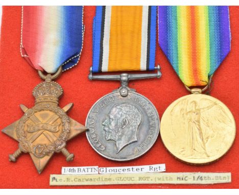 British Army WW1 medals comprising 1914/1915 Star, War Medal and Victory Medal, named to 3750 (201126 on Star) Pte R Carwardi