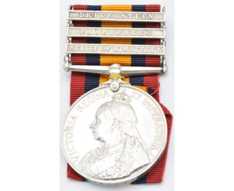 British Army Queen's South Africa Medal 1899 with clasps for Relief of Kimberley, Paardeberg and Drifontein, named to 3942 Pr