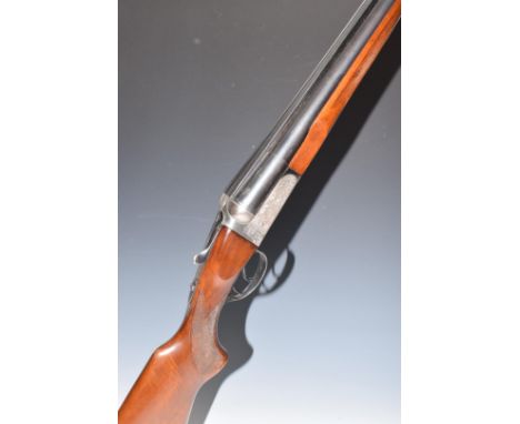 Gunmark Kestrel 12 bore side by side shotgun with engraved lock, trigger guard, underside and top plate, chequered grip and b