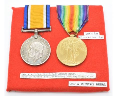 British Army WW1 medals comprising War Medal and Victory Medal named to 36714 Pte G R&nbsp;Luff Gloucestershire Regiment