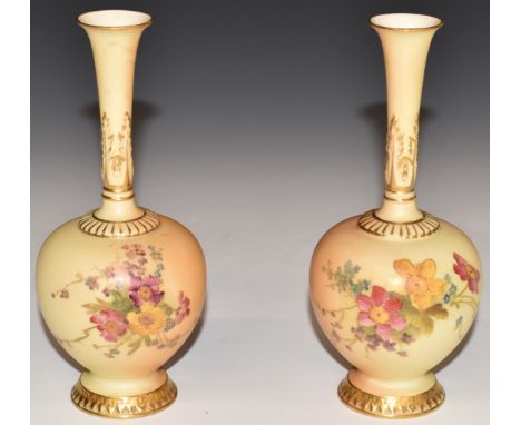 Pair of Royal Worcester blush ivory pedestal vases, shape 1661, H16.5cm