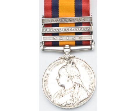 British Army Queen's South Africa Medal 1899 with clasps for Natal, Orange Free State and Transvaal, named to 4844 Private A 