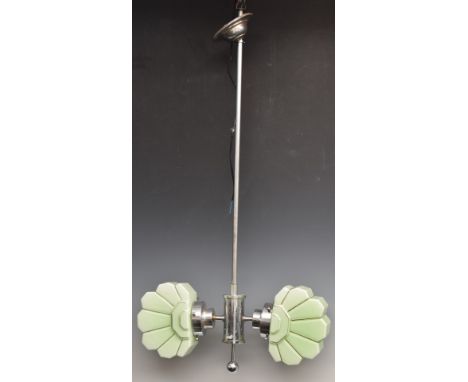 Art Deco ceiling light with two fan shaped green glass shade and chrome fittings, 83cm tall.