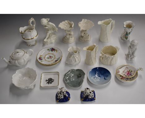 Royal Worcester, Copenhagen, Royal Crown Derby and Staffordshire ceramics including a frog dish, tallest 14cm