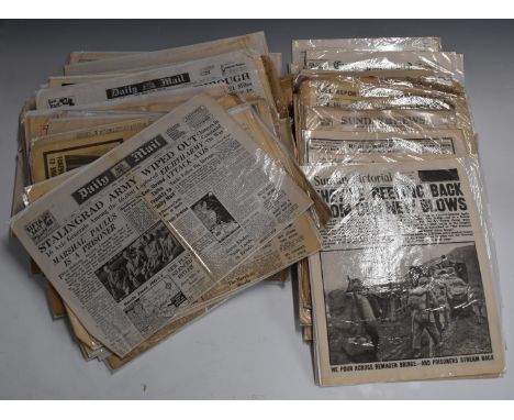 Approximately seventy&nbsp;newspaper front and back pages, some complete, reporting significant events of the day, mostly WW2