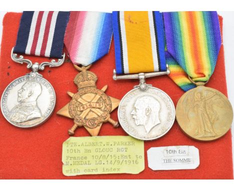 British Army Gloucestershire Regiment Military medal group of four including Military Medal, unnamed and 1914/1915 Star and W