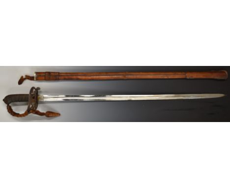 British 1827 pattern Rifle Officer's sword with strung bugle to guard, with 83cm etched blade, sword knot and scabbard