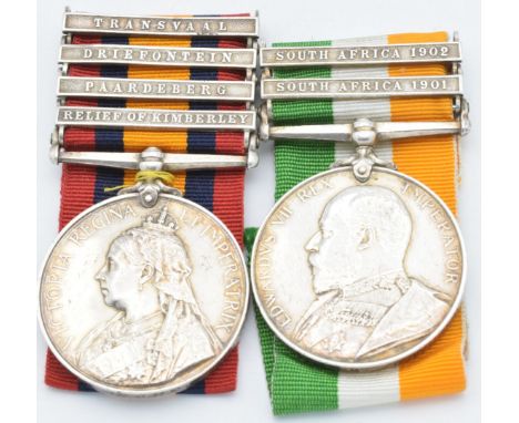 British Army Queen's South Africa Medal 1899 and King's South Africa Medal 1902 with clasps for Relief of Kimberley, Paardebe