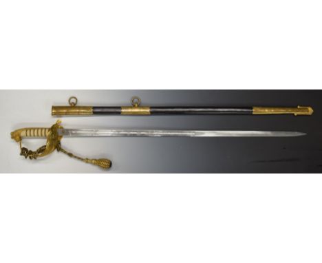 Royal Navy dress sword with folding guard, sword knot, 79cm decorated blade and leather scabbard, attributed to William Sharp