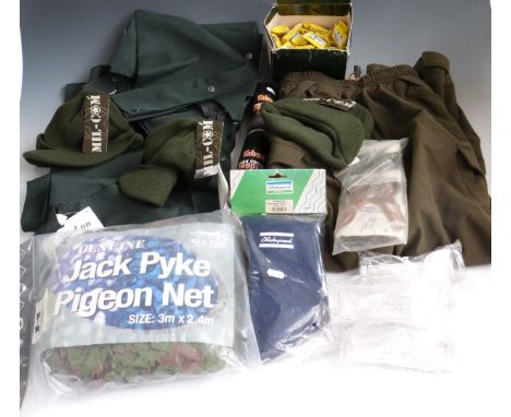 A collection of shooting clothing and accessories including Jack Pyke Hunters Trousers (M), Ucaller Stud On Leggings, Shakesp