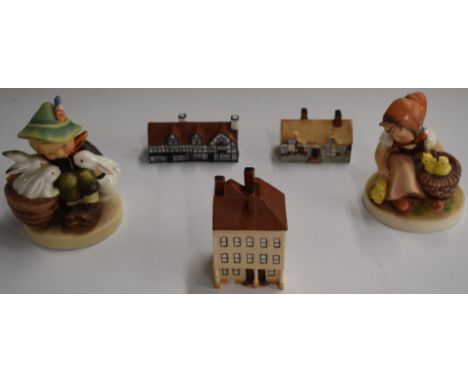 Three Goss miniature houses comprising Shakespeare's, Ann Hathaway's and Samuel Johnson's, together with two Goebel Hummel fi