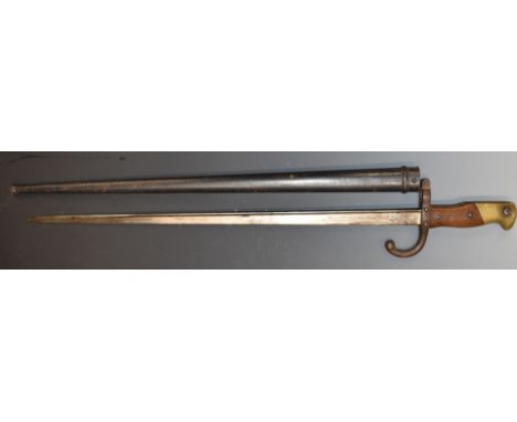 French 1874 pattern gras bayonet, some stamps to quilion and Usine de Stegn 1878 to the 52cm 'T' backed blade, AB 90661 stamp