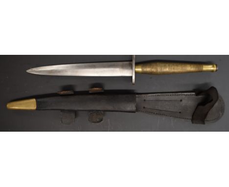 Indian Fairbairn Sykes 2nd pattern Commando fighting knife with 7 inch double edged blade, straight crossguard stamped I belo