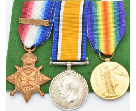 British Army WW1 medals comprising 1914 'Mons Star' with clasp for 5th August - 22nd November 1914, War Medal and Victory Med