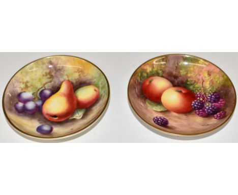Two&nbsp;Royal Worcester painted fruit pin dishes, one signed H Ayrton (1934) the other B Cox, diameter 9cm