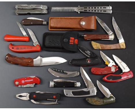 Twelve various pocket knives including Kasu, Taylors Eye example, longest blade 9.5cm and five multitools including Mammut Fi