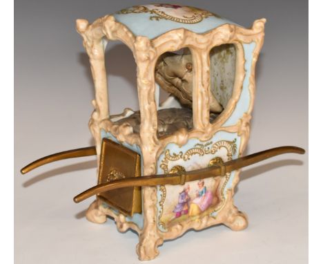 Dresden or similar porcelain sedan chair with drawer and upholstered interior, possibly a pin cushion/etui, decorated with Wa