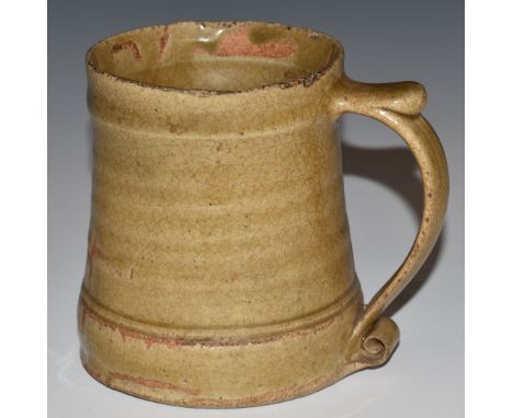 Bernard Leach c1950s St Ives Pottery tankard mug with thumb rest and scrolling handle, with studio seal mark, H11cm