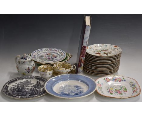 Davenport cabinet cups and saucer, covered jug, tazza and plates, together with a book by Terence Lockett and Geoffrey Godden