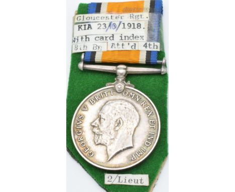 British Army WW1 War Medal named to 2nd Lieutenant H Garland, attached to 4th Battalion Gloucestershire Regiment, killed in a