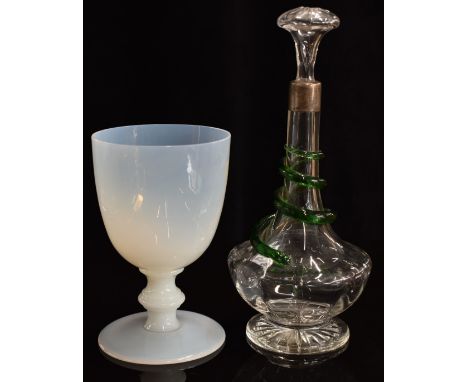 A c1900 decanter with applied glass snake, star cut base and silver collar, London marks rubbed, together with an opal glass 