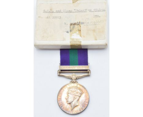 British Army General Service Medal with clasp for Palestine 1945-48 named to 28923 Pte M Ramosoeu Army Pay Corps, with box of