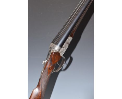 Alex Martin 12 bore side by side ejector shotgun with named and engraved locks, engraved underside, trigger guard, top plate,