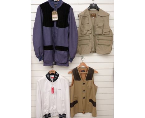 Four shooting/ fishing jackets comprising Perazzi Sport Polo jacket with tags (XL), Gelert fishing vest (M), Giacomazzi waist