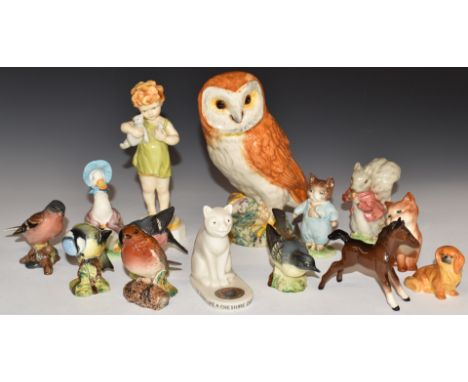 Beswick Beatrix Potter and bird figures, Royal Worcester&nbsp;Wednesday's Child and&nbsp;Pekingese, Goss cat etc, tallest 18.