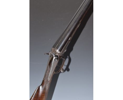 Churchill 12 bore side by side hammer action shotgun with named and engraved locks, engraved underside, rotary underlever, to