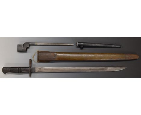 British 1913 pattern sword bayonet with good stamps to ricasso and Remington marker's stamp, 43cm fullered blade, scabbard an