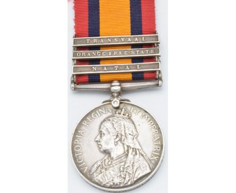 British Army Queen's South Africa Medal 1899 with clasps for Natal, Orange Free State and Transvaal, named to 3996 Private W 