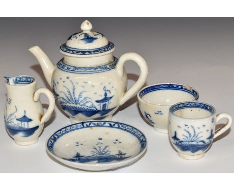 Five pieces of 18thC Caughley miniature / dolls' house tea ware including teapot, tallest 8.5cm