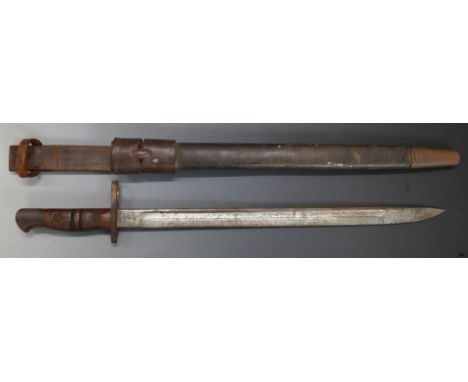 British WW1 Remington 1917 sword bayonet with leather scabbard and frog, G Bussey 1917 to scabbard