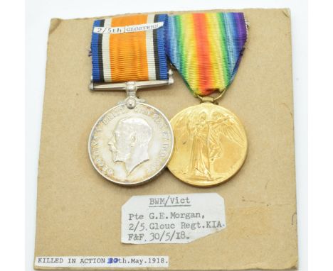 British Army WW1 medals comprising War Medal and Victory Medal named to 203503 Pte G E&nbsp;Morgan Gloucestershire Regiment