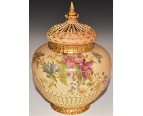 Royal Worcester blush ivory pedestal pot pourri, shape 1286, H19.5cm