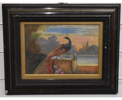 Harry Ayrton (Royal Worcester artist), watercolour of a peacock in a garden with lake beyond, signed lower right 18 x 26cm, i