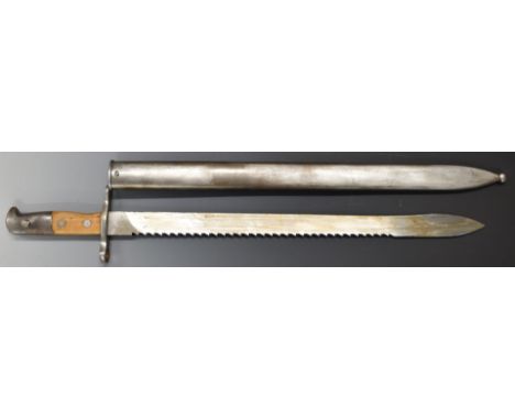 Swiss 1914 Schmidt Rubin Saw bayonet with Elsener Schwyz to ricasso, 48cm fullered saw back blade and steel scabbard