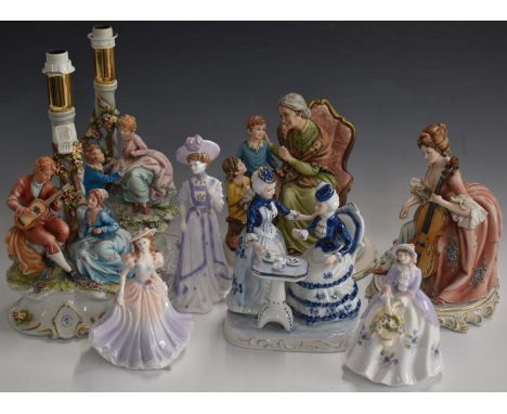Three Capodimonte figures, a pair of Capodimonte figural lamps and three Royal Worcester figurines, tallest 38cm