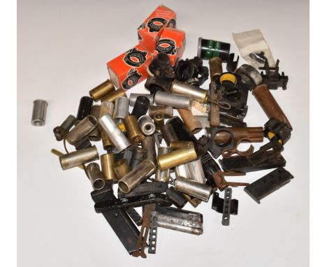 A collection of gun parts and accessories including magazines, Parker-Hale Roll-Off scope mounts, snap-caps, butt plates, pri