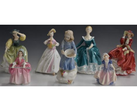 Six Royal Doulton&nbsp;figurines&nbsp;and one Royal Worcester, including Country Girl, Top O' The Hill, Bo Peep etc, tallest 