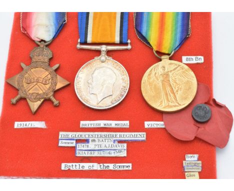 British Army WW1 medals comprising 1914/1915 Star, War Medal and Victory Medal named to 17478 Pte A J Davis, Gloucestershire 