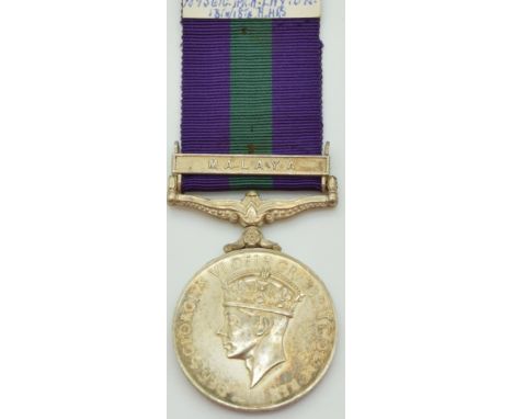 British Army General Service Medal with clasp for Malaya, named to 7895610 Trp. H Layton, 13th/18th Hussars