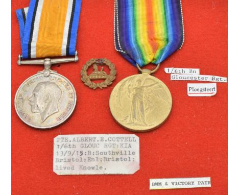 British Army WW1 medals comprising War Medal and Victory Medal named to 2858 Pte A E Cottell, 6th Battalion Gloucestershire R