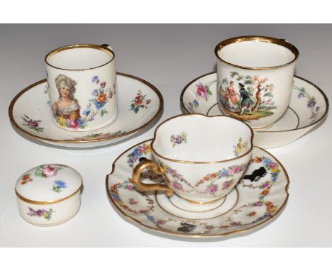 Three Meissen cups and saucers and covered trinket pot variously decorated with Watteau scenes, silhouettes and flowers with 