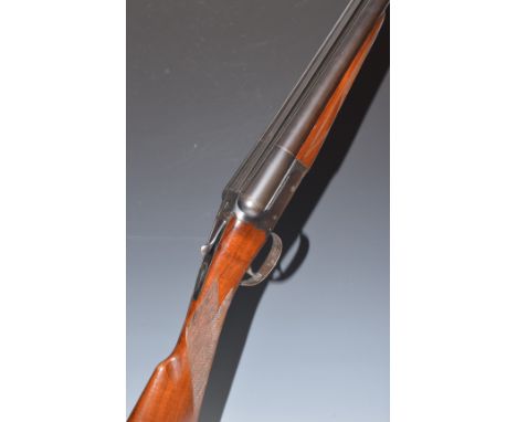 BSA 100 12 bore&nbsp;side by side shotgun with chequered grip and forend, single trigger, sling suspension loops and named 28